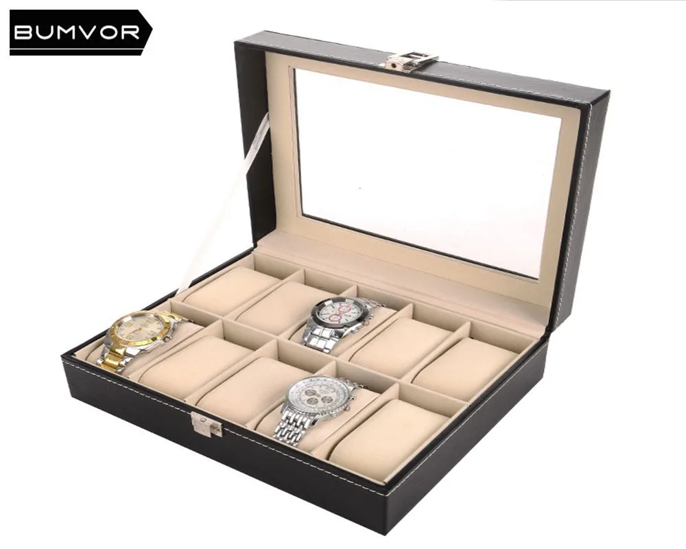 

10 Slots Grid fashion hole pattern watch box PU leather men and women watch storage box fashion jewelry box watch box