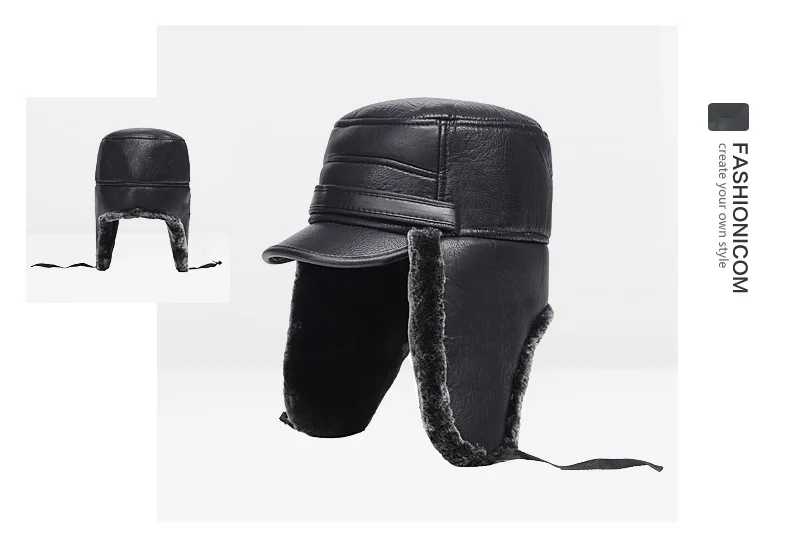 B-8549 Unisex Winter Warm Hat Men's Leather Bomber Hats Thickened Ear Flat  Warm Man Bomber Hat Russian Ushanka Hat thermal aviator bomber winter hat