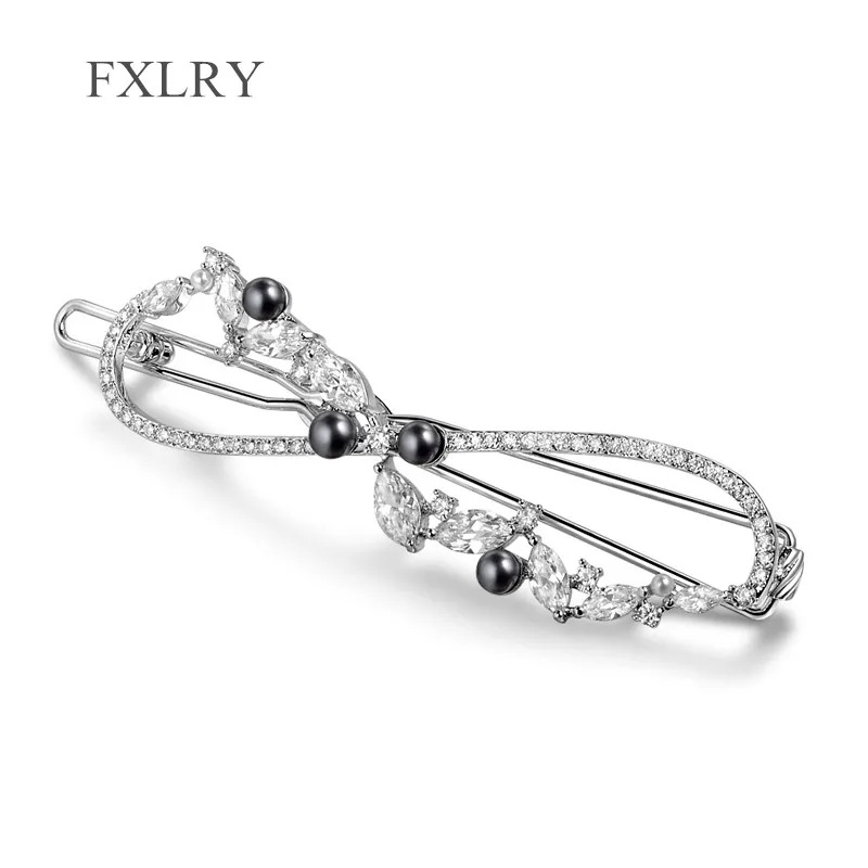

FXLRY Top Quality white Gold-Color AAA Cubic Zirconia and 4 Small Black Shell Pearl Hair Clip Women Girls Hairpins Jewelry