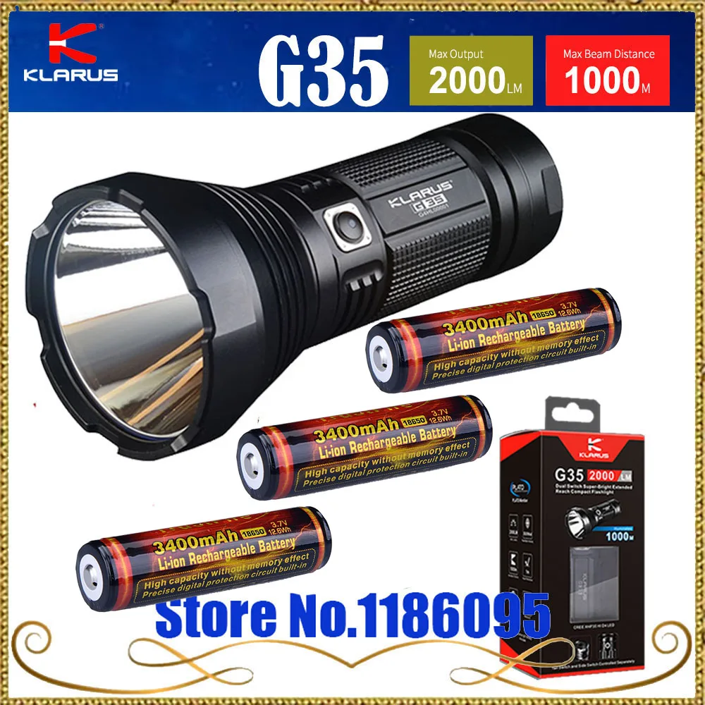 

KLARUS G35 flashlight CREE XHP35 HI D4 LED 2000LM Max beam distance 1000M have gift for 3pcs 18650 3400mah battery