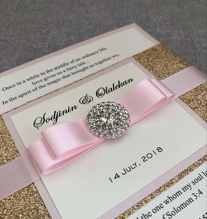  CA0789 Fuchsia Glitter Bow Jewel Wedding Invitation. Lovely Monogram. Stunning Sparkling Pink invit - 32789823898