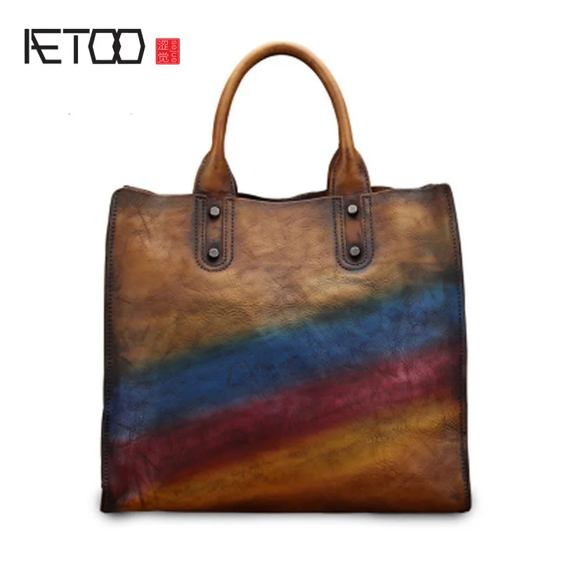 

AETOO Handbags Women's leather bag retro handbag hit color leather shopping bag shoulder diagonal bag wave tote bag