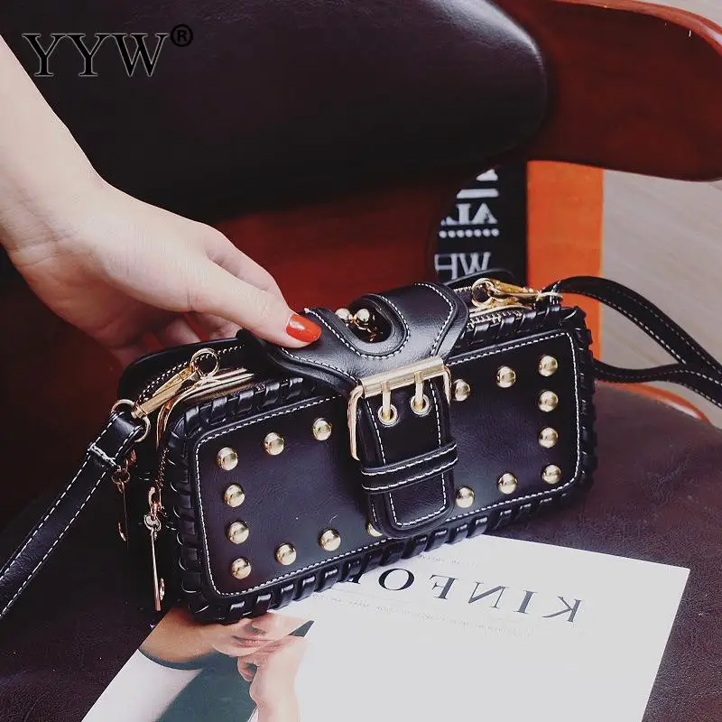 

Casual Small Punk Style Mini Crossbody Bags For Women 2018 Rivet Black Purse Handbag Solid Rectangle Shoulder Bag Bolsa Feminina