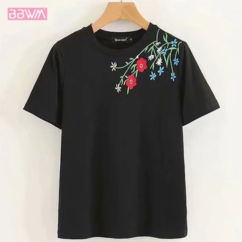 

2019 summer new slim slimming wild round neck bottoming embroidery short-sleeved T-shirt shirt women TOPS