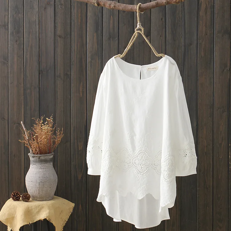 

Plus size women clothing female autumn spring bohemian ethnic long sleeve o neck white asymmetric solid blouse shirt blusa