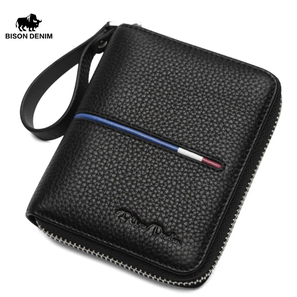 

BISON DENIM luxury genuine leather men wallets business casual male brand small zipper purse wallet
