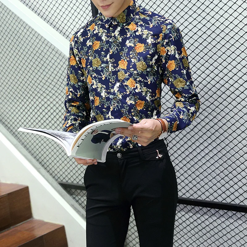 High Quality Mens Floral Print Shirt Polyester Slim Fit Long Sleeve 3 Pattern M-7XL