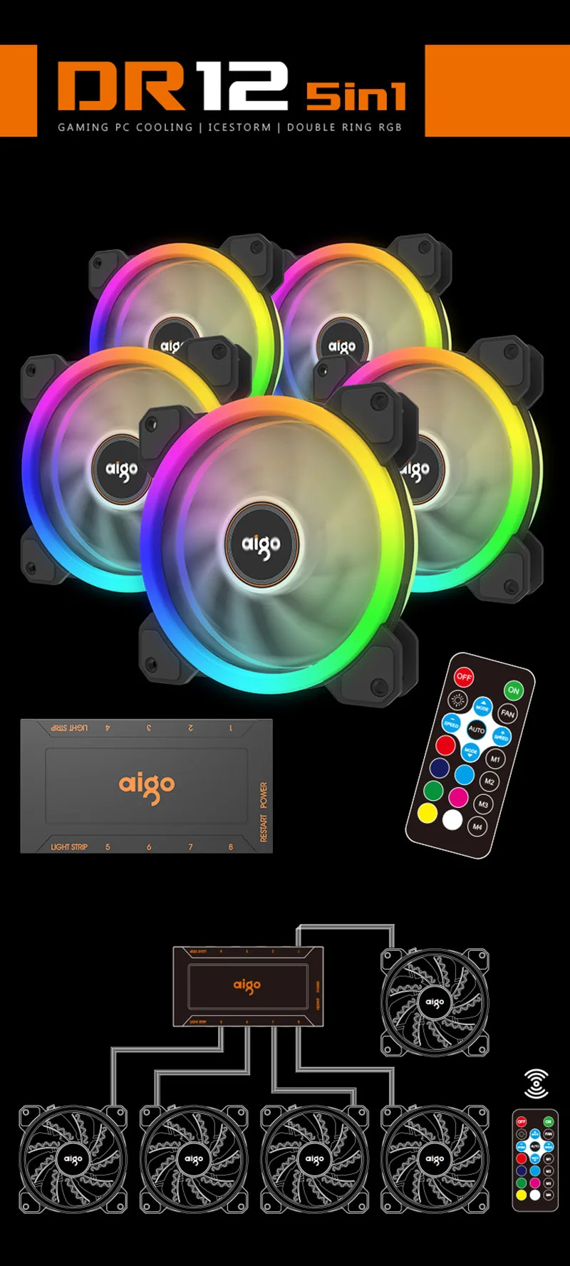 Aigo DR12 RGB чехол вентилятор для компьютера Вентилятор охлаждения регулировка скорости 120 мм бесшумный ИК пульт дистанционного управления компьютер охлаждающий RGB чехол для ПК Вентилятор