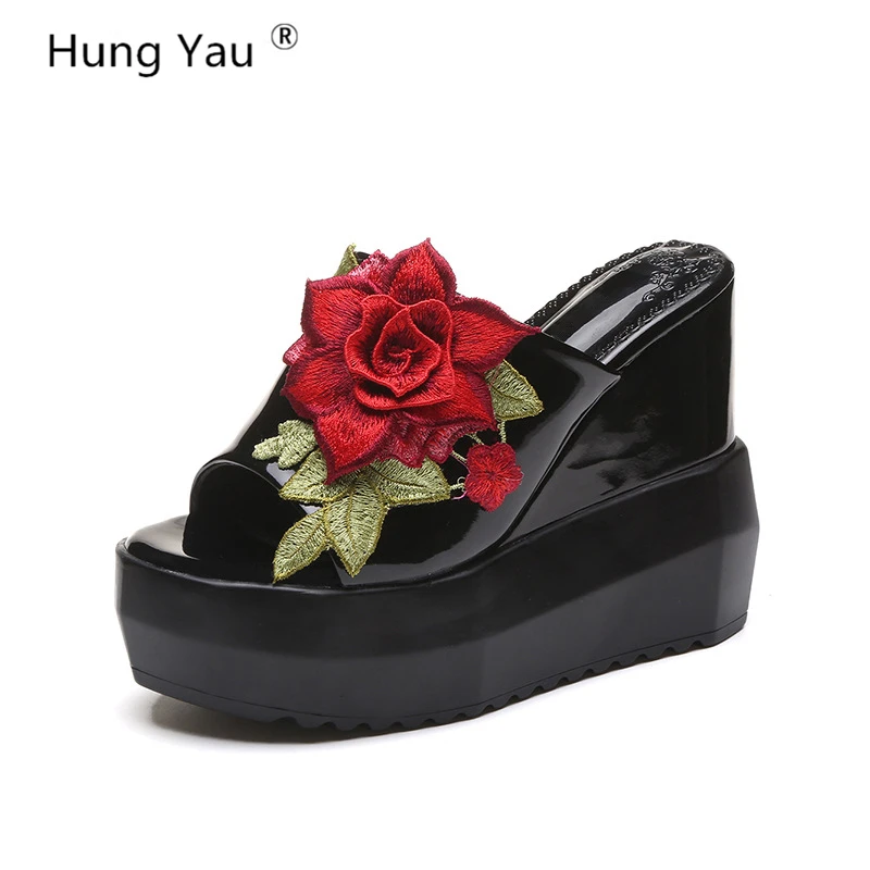

Hung Yau Wedges Sandals Shoes For Women Summer Style Flowers Platform Flip Flops Slip On 12cm Creepers Heels Casual Shoes Size 8