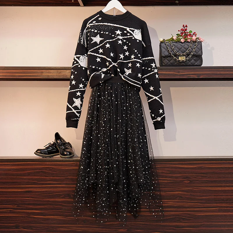 

HAMALIEL Spring 2 Piese Set 2019 Runway Women Black Print Stars Knitted Loose Sweater Tops + Mesh Sequined Ball Gown Skirt Sets