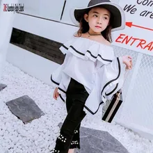 JMS Kasenbely/Летняя Блузка с отложным воротником для девочек, топ с вырезом лодочкой для девочек, одноцветное с расклешенными рукавами для девочек