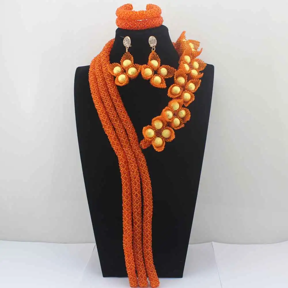 

2019 Surprising Orange Flower African Costume Jewelry Sets Nigerian Wedding Beads Bridal Necklaces Earrings Free Shipping HD8584