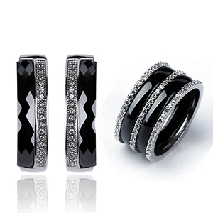 Черно-белые Ювелирные наборы, серьги и кольцо, 316 нержавеющая сталь, набор колец, кристалл, 5 мм, серьги круглые для женщин, Подарок на годовщину, любовь - Окраска металла: Black