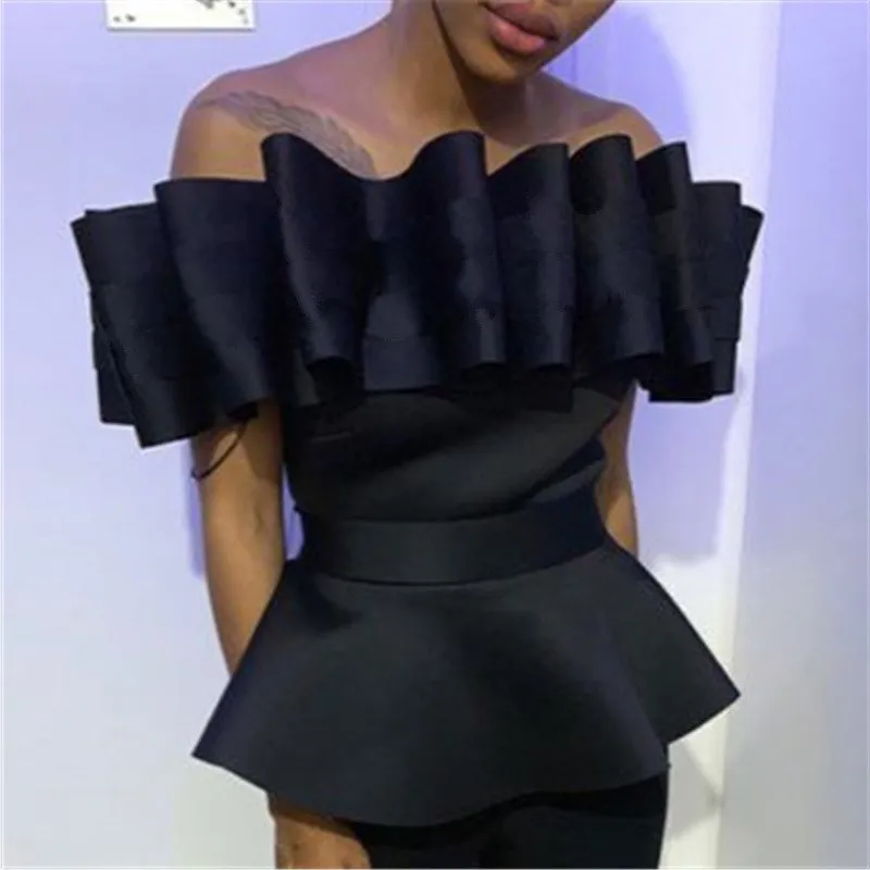 

Streetwear Party Peplum Blouse Women Off Shoulder Top Backless Pleated Shirt Solid Summer Slim Elegant Tunic Blouse