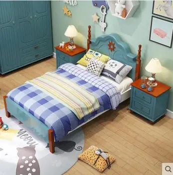 Camas para niños, muebles para niños, camas de madera sólida azul y blanca para niños, cama para niños de chambre bebe de estilo europeo, nuevas camas para niños 120*200