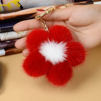 

Luxury Fluffy Real Mink Fur Keychain Genuine Fur Cute Flower Key Chain Keychain Metal Ring Pendant Bag Charm