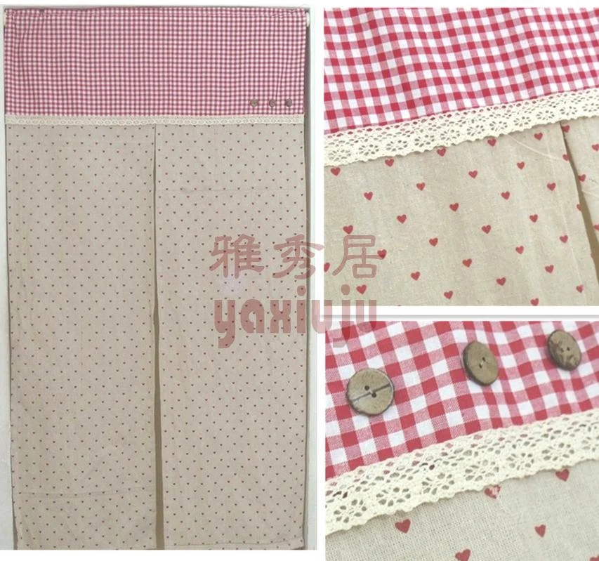 

Free shipping Cotton and linen blend plaid button country rustic door curtain kitchen curtains 150/110*90cm customized