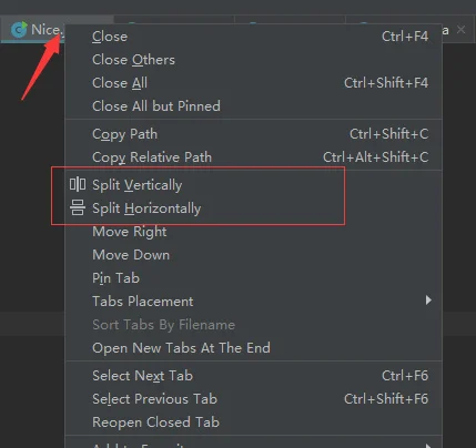 intellij idea中在当前文件的tab中点击右键选择Split Vertically或者Split Horizontally即可实现文件左右对比或者上下对比 第6张