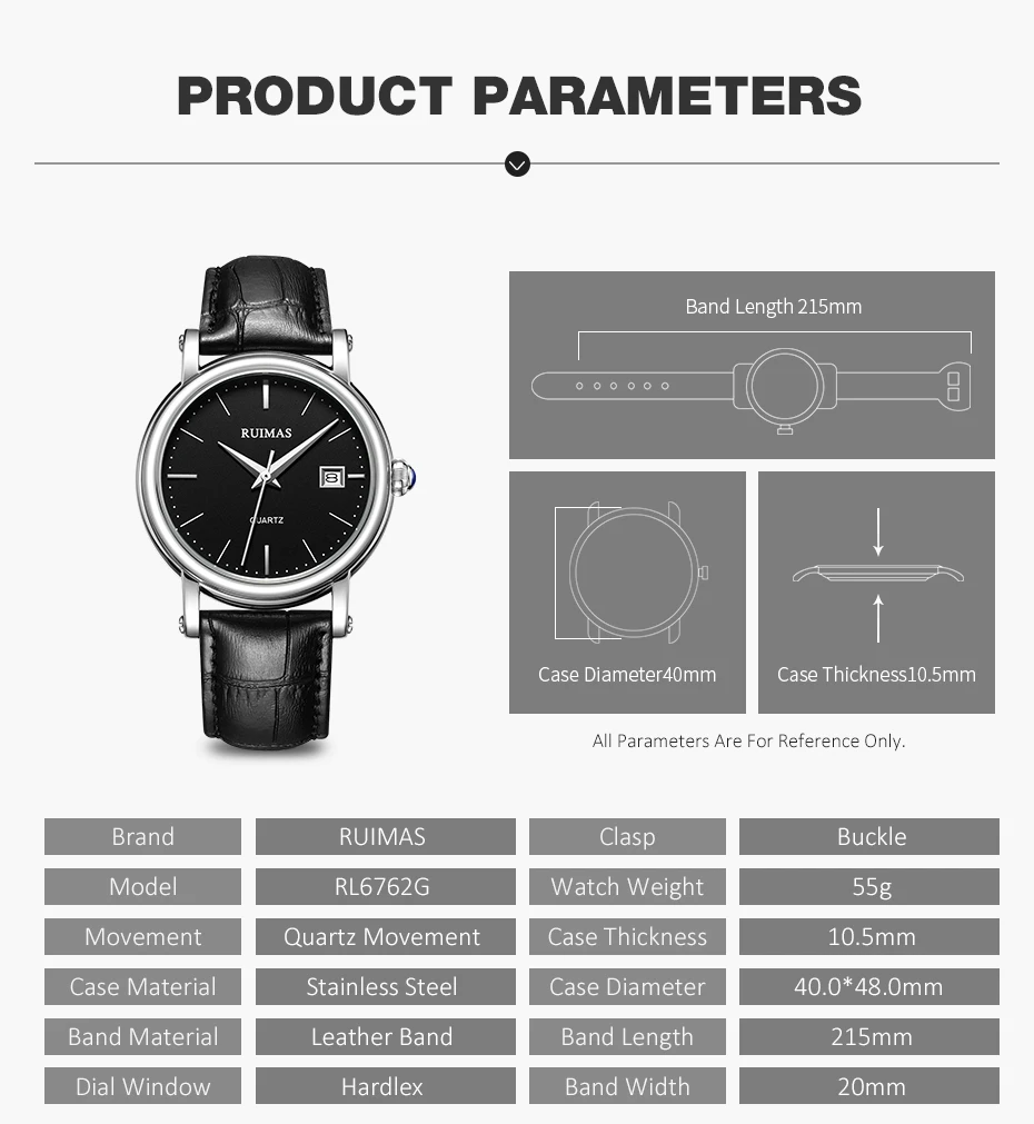 Ruimas reloj hombre Топ брендовые Роскошные мужские часы водонепроницаемые наручные часы с датой мужские повседневные кварцевые часы с кожаным ремешком