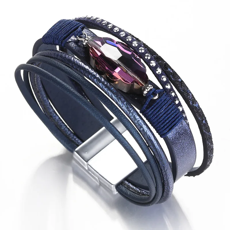 ALLYES кожаные браслеты для женщин браслеты и браслеты модные украшения фиолетовые стразы многослойный широкий браслет обруча женский - Окраска металла: Blue