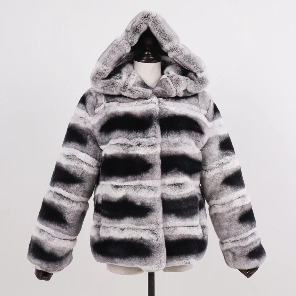Новинка, высококачественный Настоящий мех кролика, пальто для женщин, теплая куртка с капюшоном из натурального меха кролика Рекс, зимние толстые меховые пальто