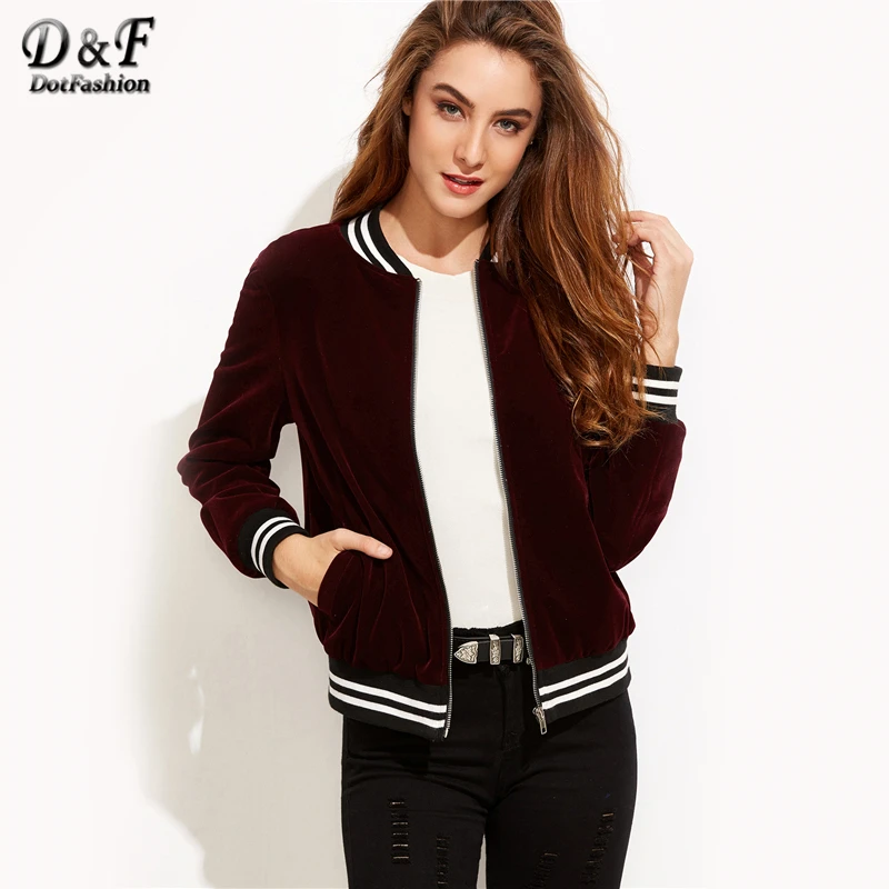 low cost  Dotfashion Varsity Striped Velvet Bomber Jacket 2019 Burgundy Stand Collar Coat Ladies Autumn Long 