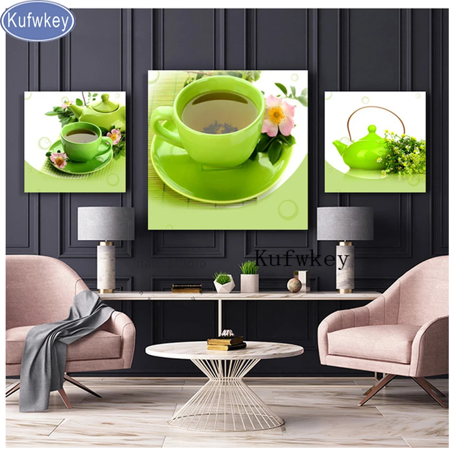 

diy crystal pattern 3 PCS Diamond Painting"green cup tea"DIY 5D Mosaic Diamond Embroidery triptych Pictures for restaurant Decor