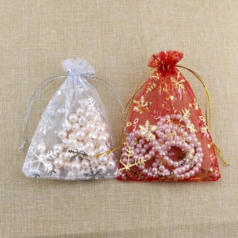 

50pcs/lot Small Organza Bags 7x9 10x14cm Christmas Jewelry Packaging Bags Organza Pouches Cute Snowflake Drawstring Gift Bag