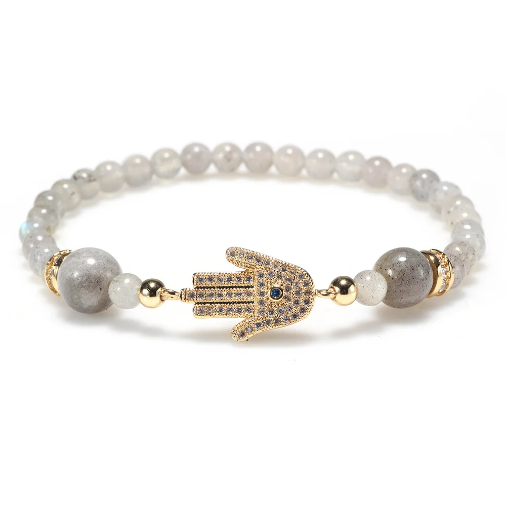

New Fatima Hands Women Bracelet Gray Moonstone Zircon Handmade Fashion Jewelry Beads Chain Hamsa Hand Charm Bracelets
