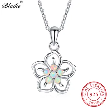 

Blaike 100% 925 Sterling Silver Choker Elegant White Fire Opal Cherry Flower Pendants For Women Rainbow Birthstone Necklace
