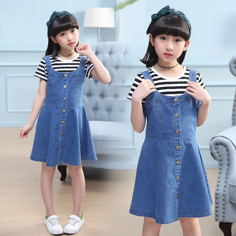 

2019 Girls Summer Sets New Children Clothing Suit Cotton Stirped Short Sleeve T-shirt+denim Dress 2 Pcs Girls Jean Dress Set