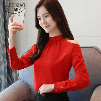

2018 New arrived women shirt sweet chiffon autumn wear Korean style loose long sleeves Strapless women top slim fit blusa0971 30