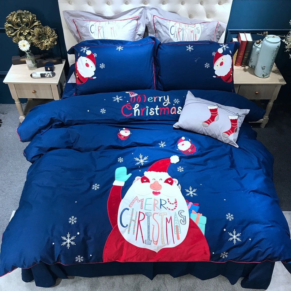 100 Cotton Sanding Blue Christmas Duvet Cover Set Queen King Santa