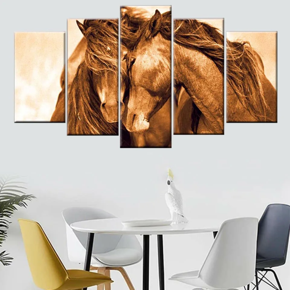 

HD printing 5 panel red horse animal modern canvas living room home decoration painting mural art modular poster