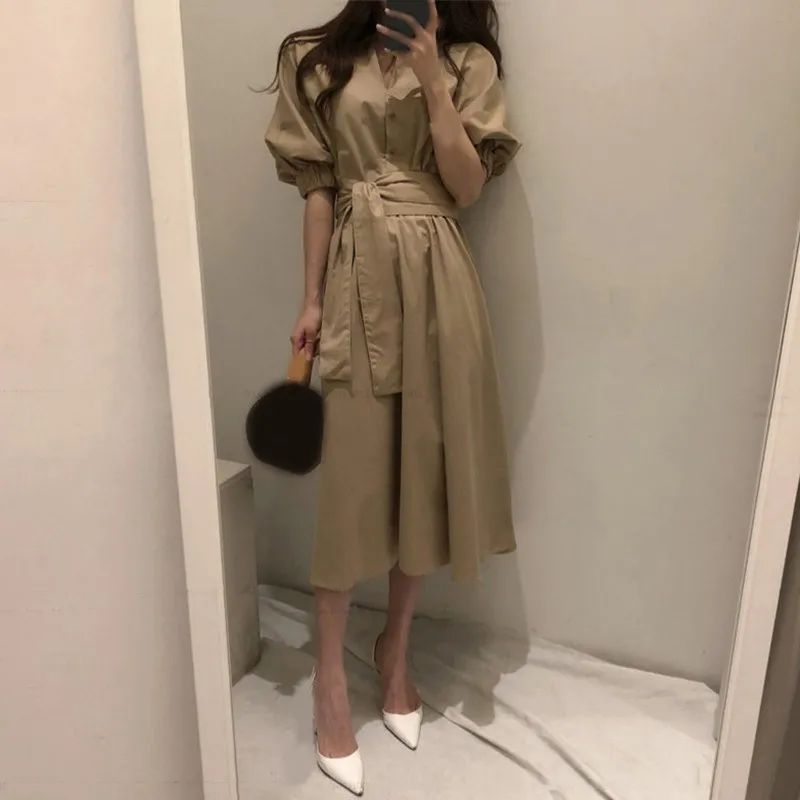 

2019 Casual Solid Women A-Line Dress Elegant Female Short Sleeve Midi Dress 2019 Fashion New Sashes High Waist Dress