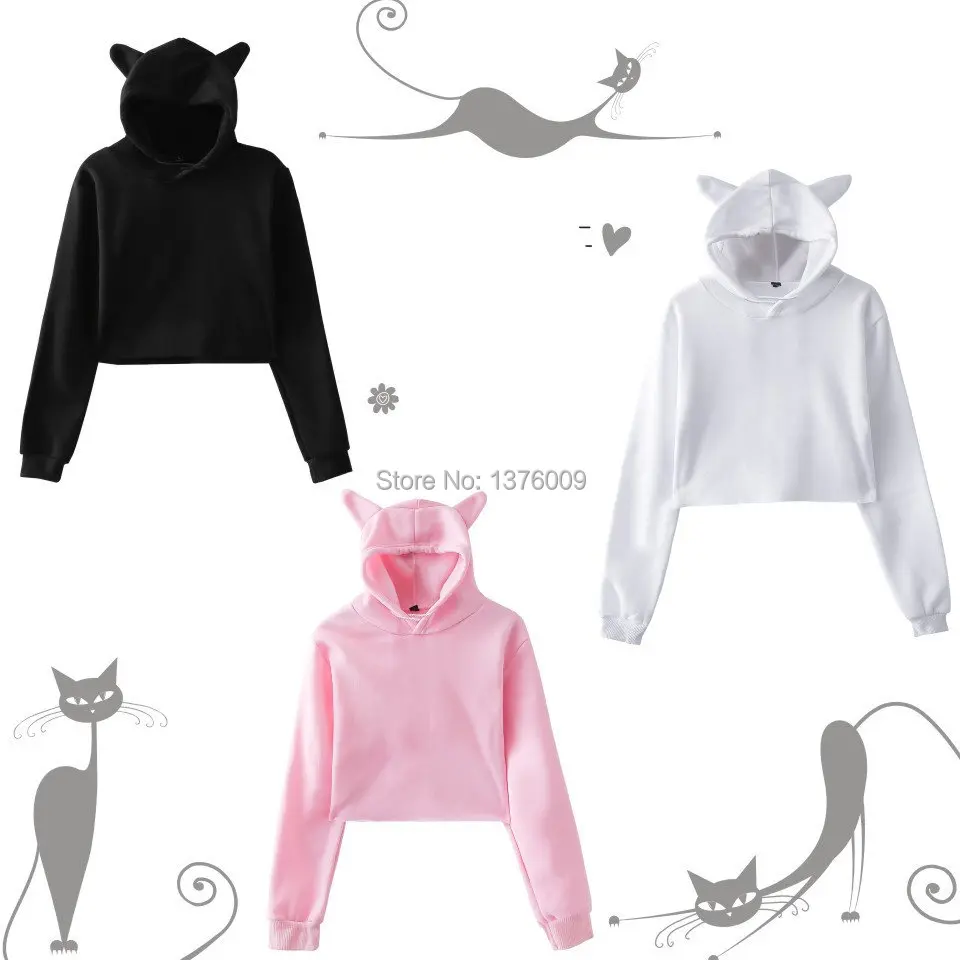 

Women Sweatshirts Hoodie Crop Tops Solid Cat Ear Kawaii Cute Girls Harajuku Pullover Dance Casual Anime Stundent Top Drop ship