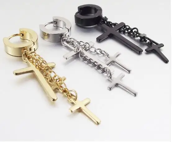 Серьги гвоздики Huggie с кисточками и крестом из нержавеющей стали 2