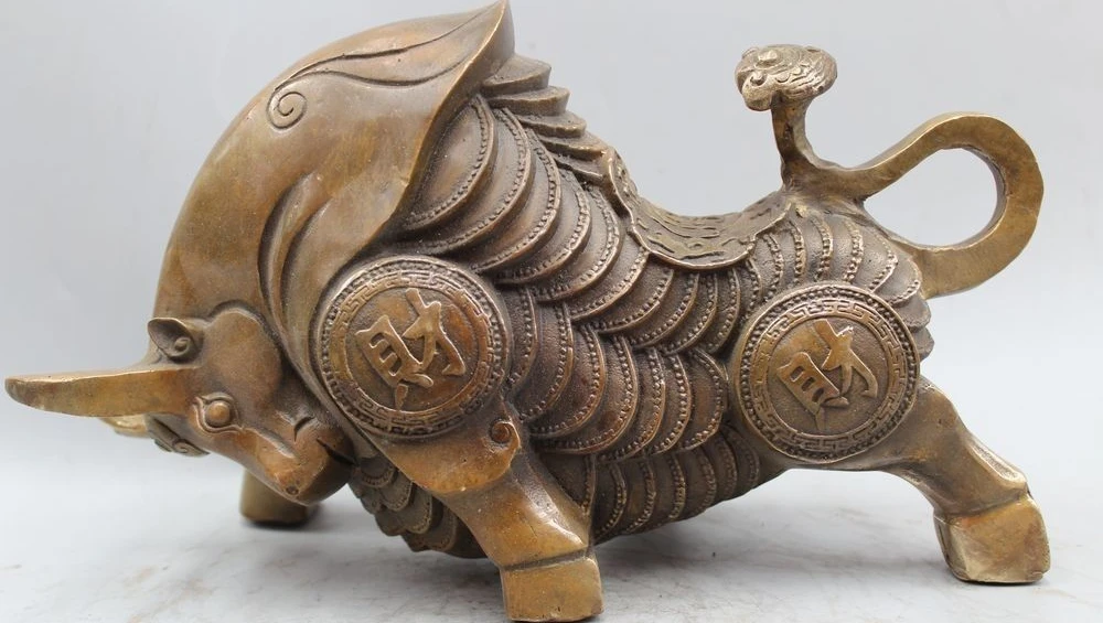 

11" Chinese Folk Fengshui Bronze Fu Wealth Money Year Bull Oxen Statue Sculpture