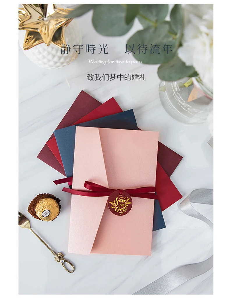 10 шт./лот) розовая Крышка цветная печать свадебные приглашения на помолвку День рождения поздравительные открытки с бордовой лентой тег IC125P