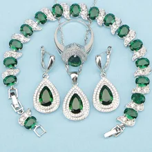 Особенности натуральный зеленый кубический цирконий 925 пробы Серебряные Ювелирные наборы для женщин браслеты/серьги/кольца/кулон/ожерелье