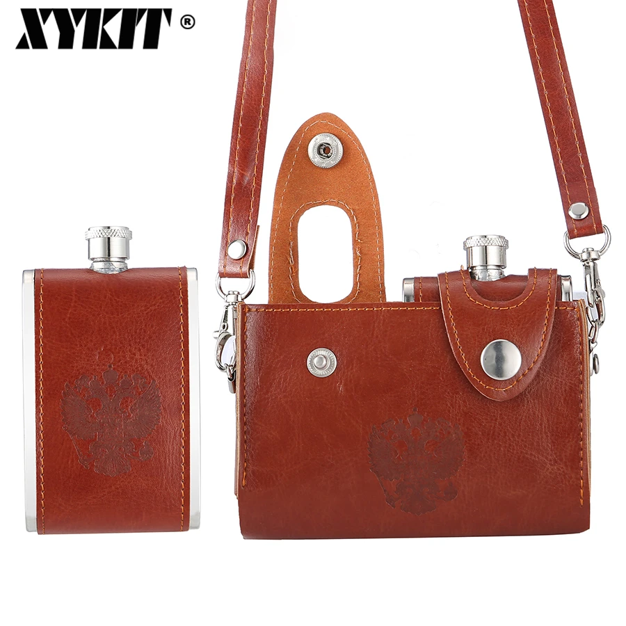 

XYKIT 1set/2pcs 4oz National Emblem Pattern Hip Flask Brown Leather Holster Stainless Steel Flask Whiskey Alcohol Flask Gift