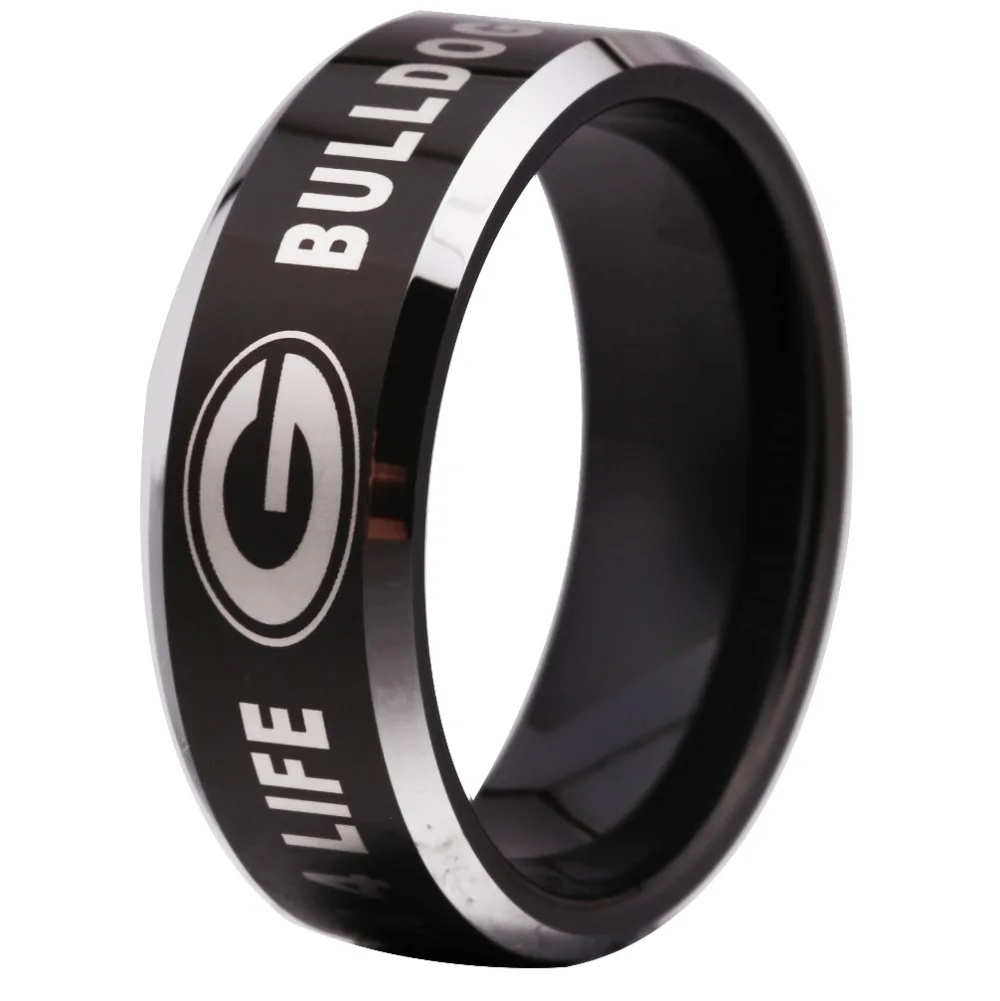 

Free Shipping Customs Engraving Ring 8MM Black With Shiny Edges Bulldogs Fan for Life Design Men's Tungsten Wedding Ring