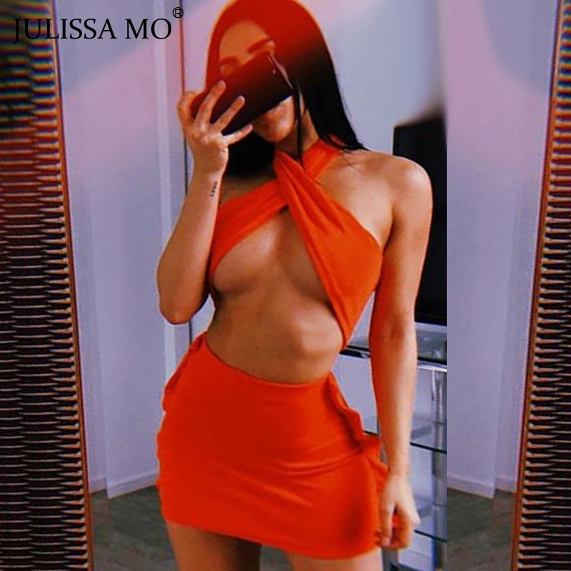 

JULISSA MO Neon Sexy Halter Summer Dress Women Two Piece Set Backless Bodycon Mini Dress Elegant Ruffles Party Dresses Vestidos