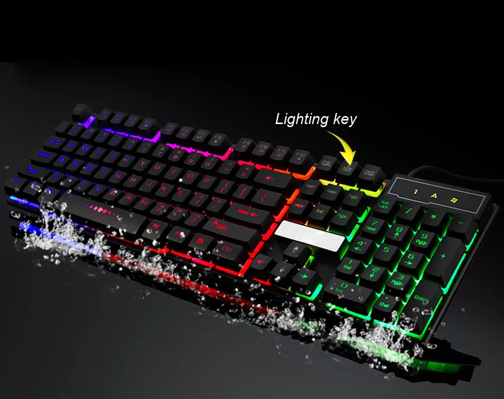 104 клавиш водонепроницаемый эффект подсветки красочный трещины светодиодный с подсветкой USB проводной ПК Радуга игровая клавиатура# T3