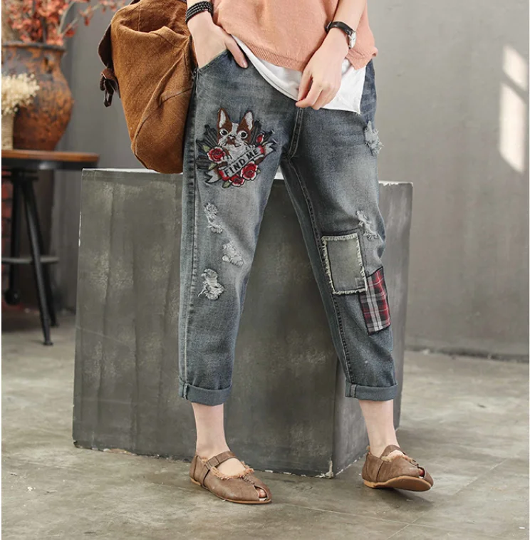 

Spring Jeans Loose Women Retro Casual Denim Pants New Elastic Waist Embroidery pocket hole Bleached Vintage Trousers 2019