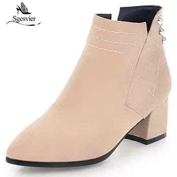 

Sgesvier black red beige fashion autumn boots women pointed toe ankle boots thick heel zipper martin boots 2018 new shoes OX709