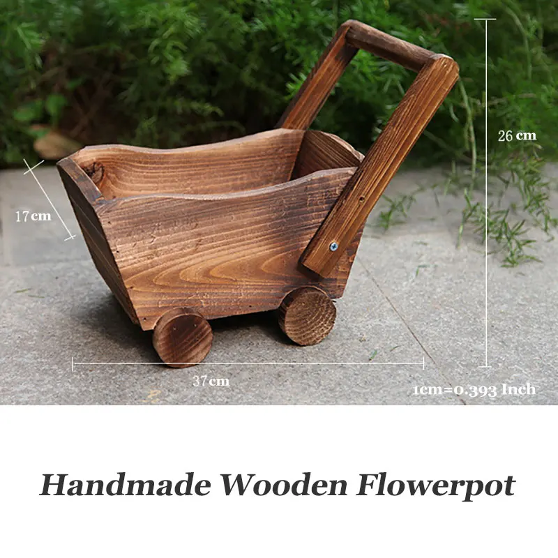 Caioffer Handmade Wooden Pot Floor Stand Mini Flowerpot For Cactuses Succulent Flowers Plant Cartoon Cart Style Bloempot 37*17cm