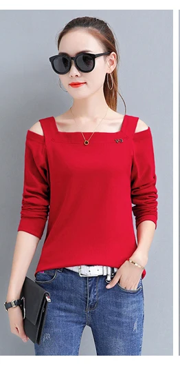 Shintimes топы с открытыми плечами для женщин Корейская одежда женская s хлопковая футболка с длинным рукавом Poleras Mujer полная футболка Femme - Цвет: t shirt red