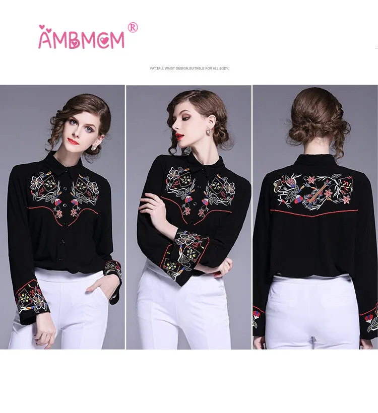 Рубашка с цветочной вышивкой и цветочным принтом летняя новая сексуальная блуза больших размеров Черная Повседневная винтажная Блузка модные топы AMBMCM