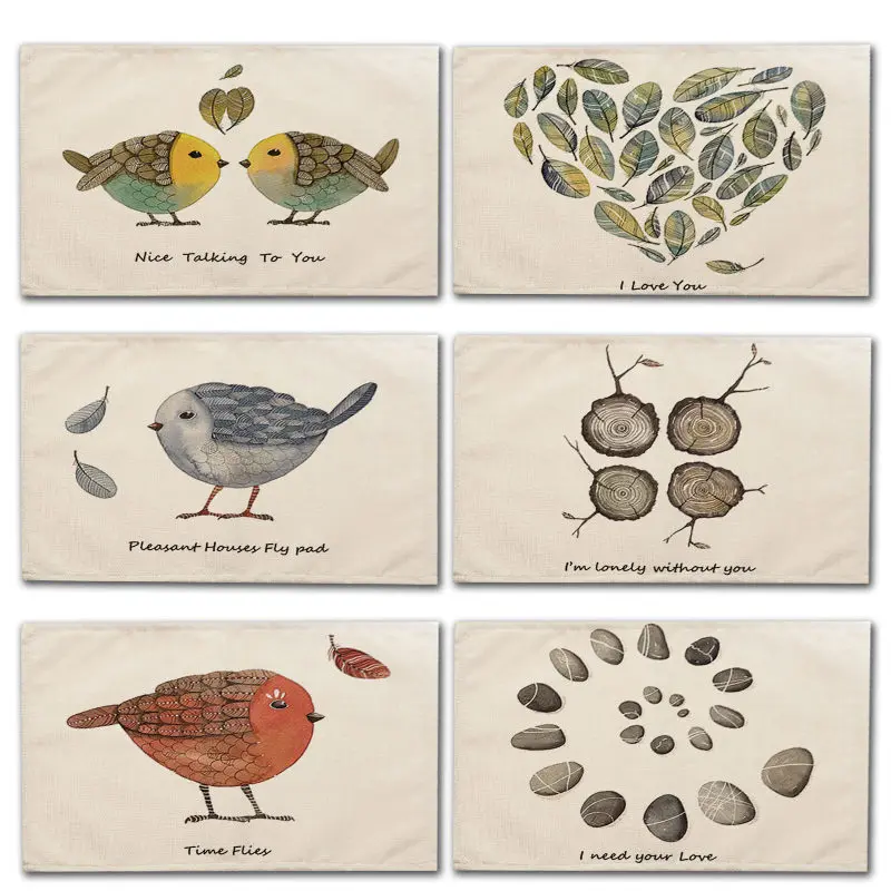 

1Pcs Cute Bird Branch Printed Placemat Coaster Dining Table Mat Cotton Linen Bowl Cup Mat kitchen Pads 42*32cm Home Decor MA0072